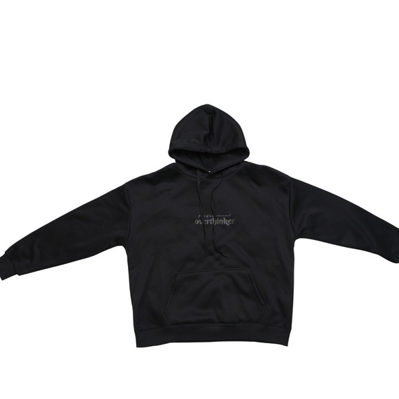 NWOT Pullover Hoodie Black Logo Kangroo Pocket Drawstring Hood Gorpcore Minimal - Picture 3 of 11
